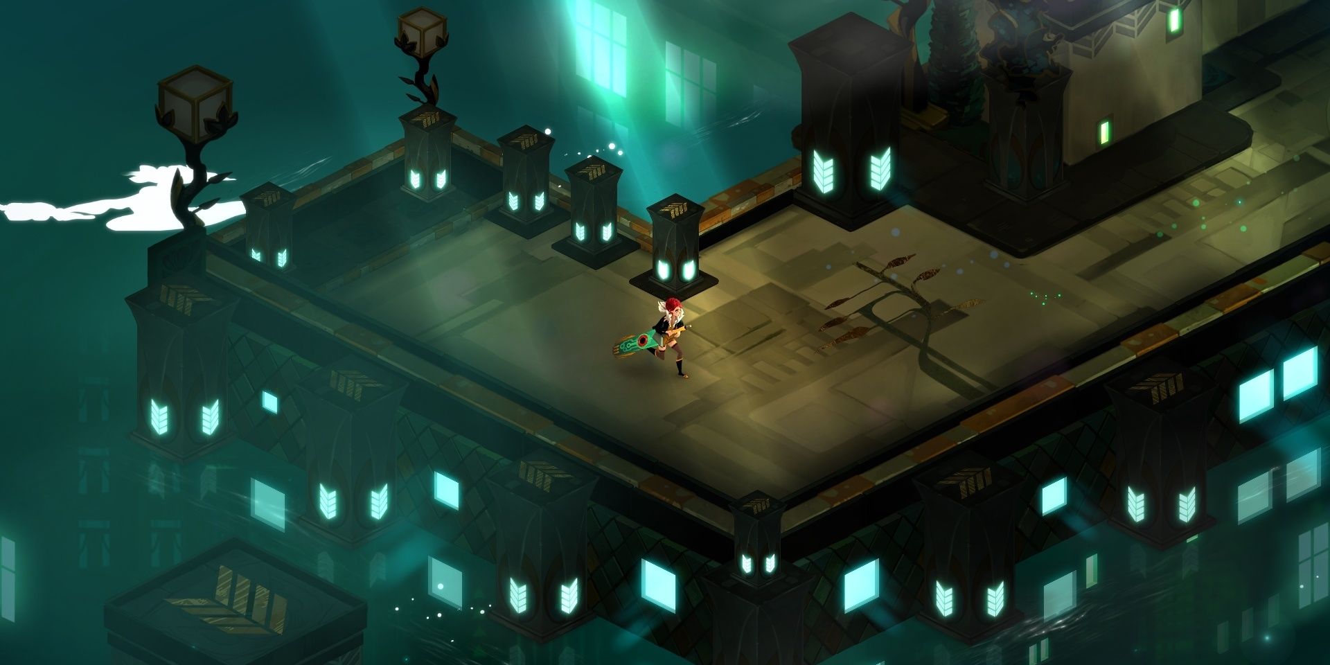 Red runs through Cloudbank in Transistor