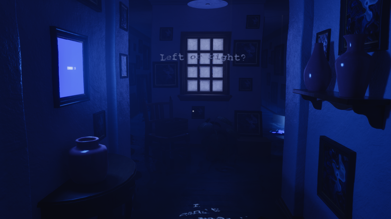 When asked to choose left or right, choose left. Afterward, enter the door down the short hallway on the left.