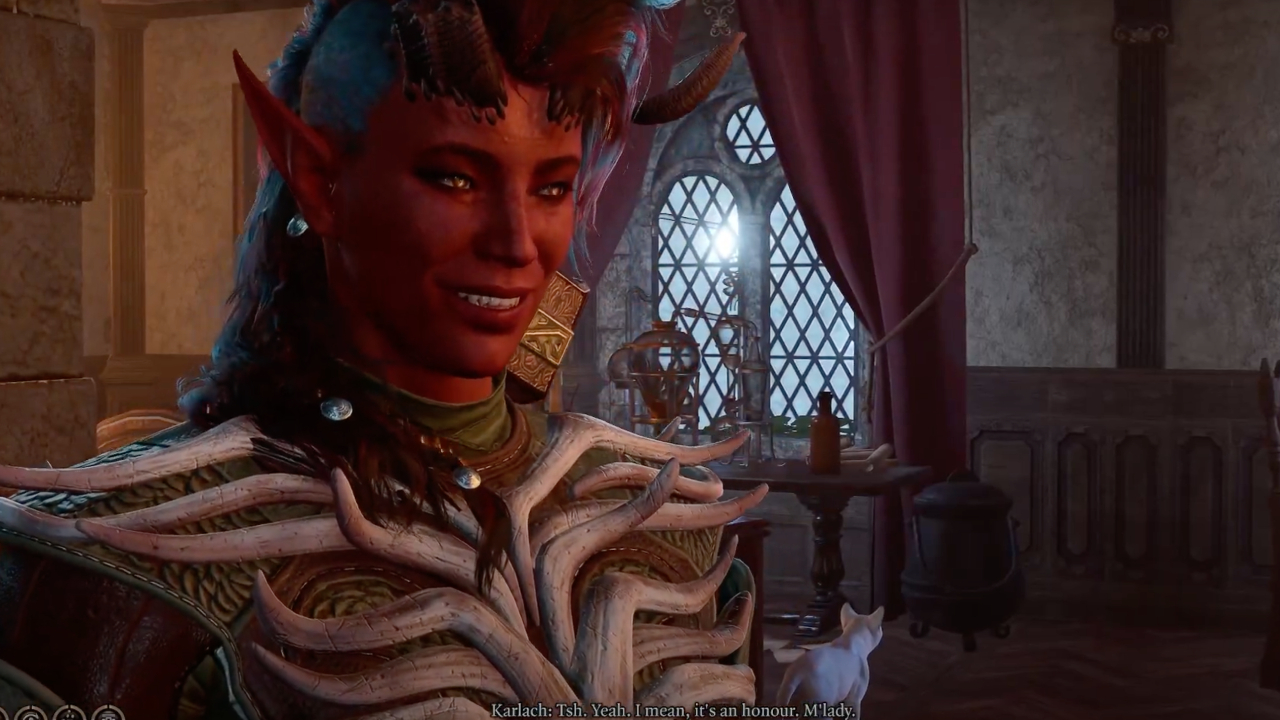 Karlach looking flustered after meeting Jaheira for the first time.