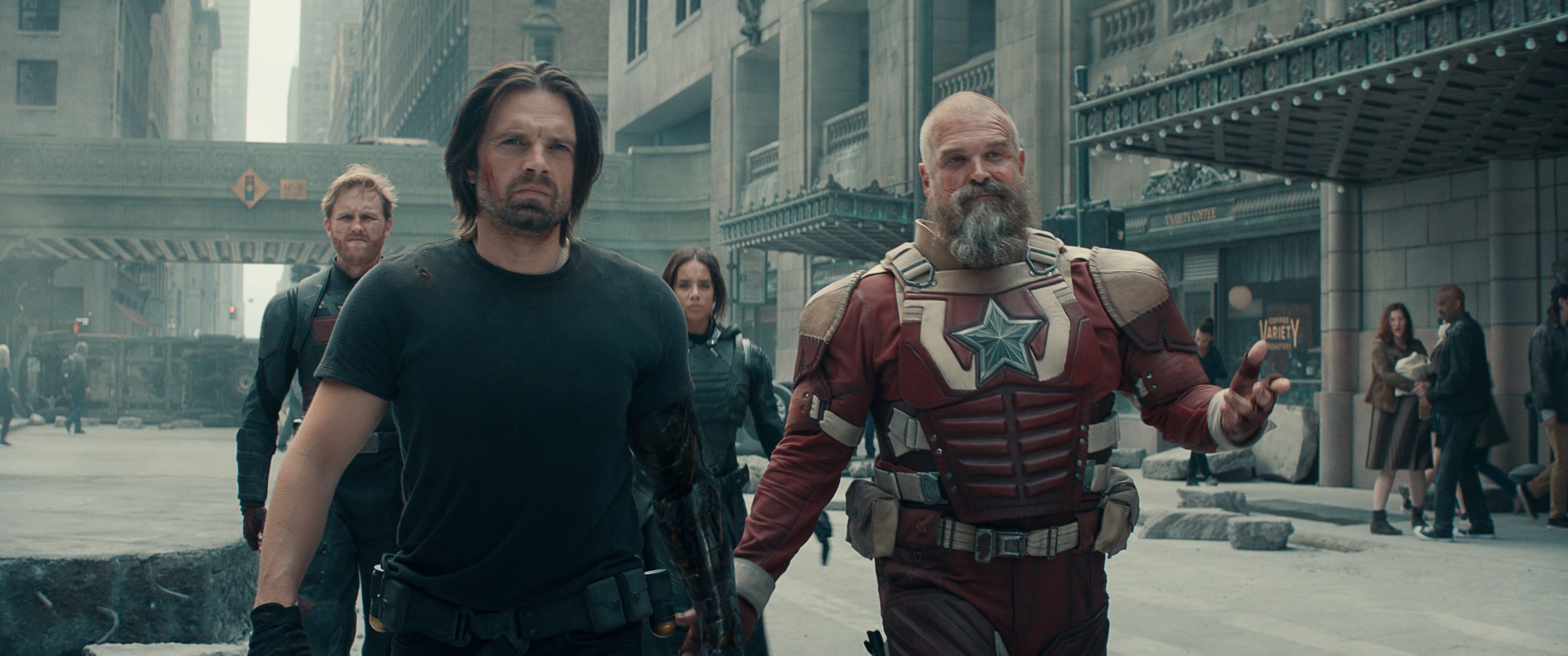 John Walker (Wyatt Russell), Bucky Barnes (Sebastian Stan), Ghost (Hannah John-Kamen) and Alexei Shostakov/Red Guardian (David Harbour) walking through New York City in Thunderbolts
