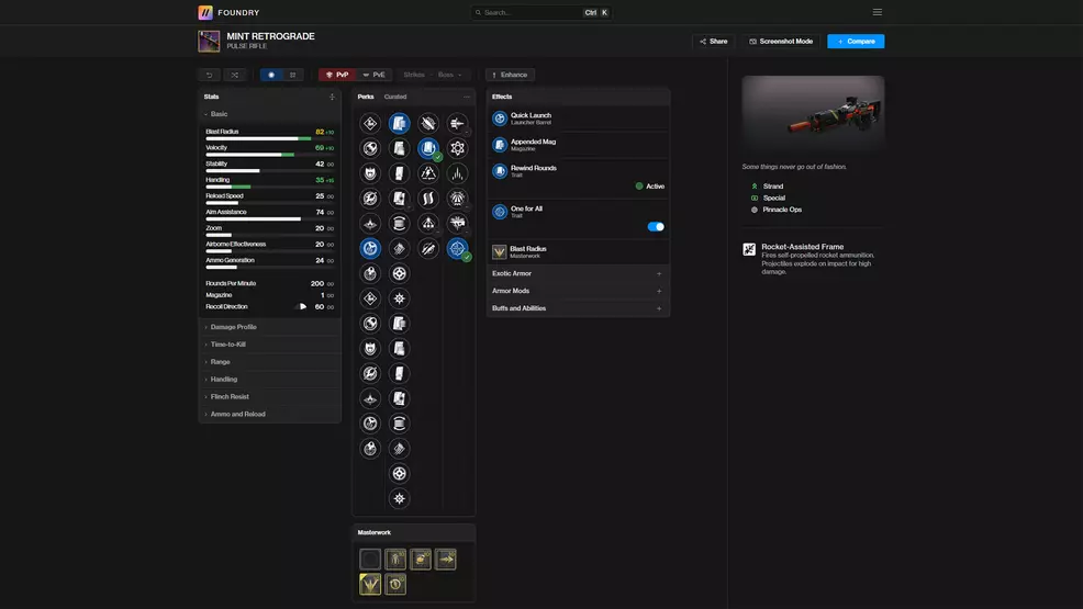 The D2 Foundry screen for the Mint Retrograde PvE god roll in Destiny 2