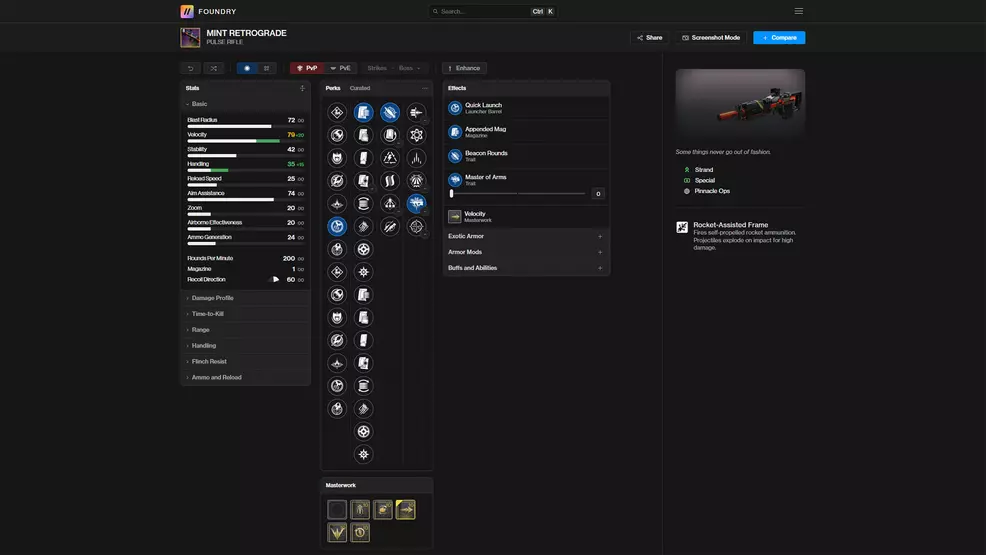The Destiny 2 PvP god roll screen for the Mint Retrograde from D2Foundry 