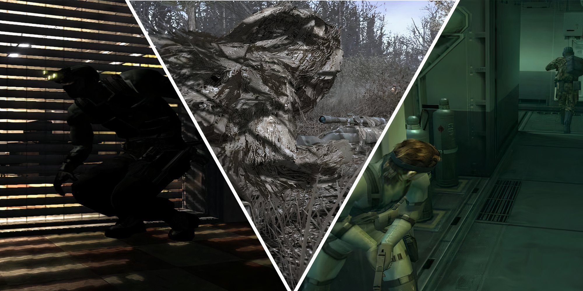 An edited collage with images from Splinter Cell: Chaos Theory, Call of Duty 4: Modern Warfare, and Metal Gear Solid 2: Sons of Liberty