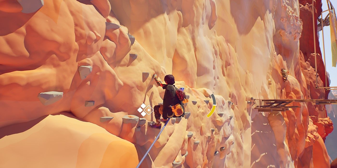 The protagonist of Jusant climbing a rock wall.