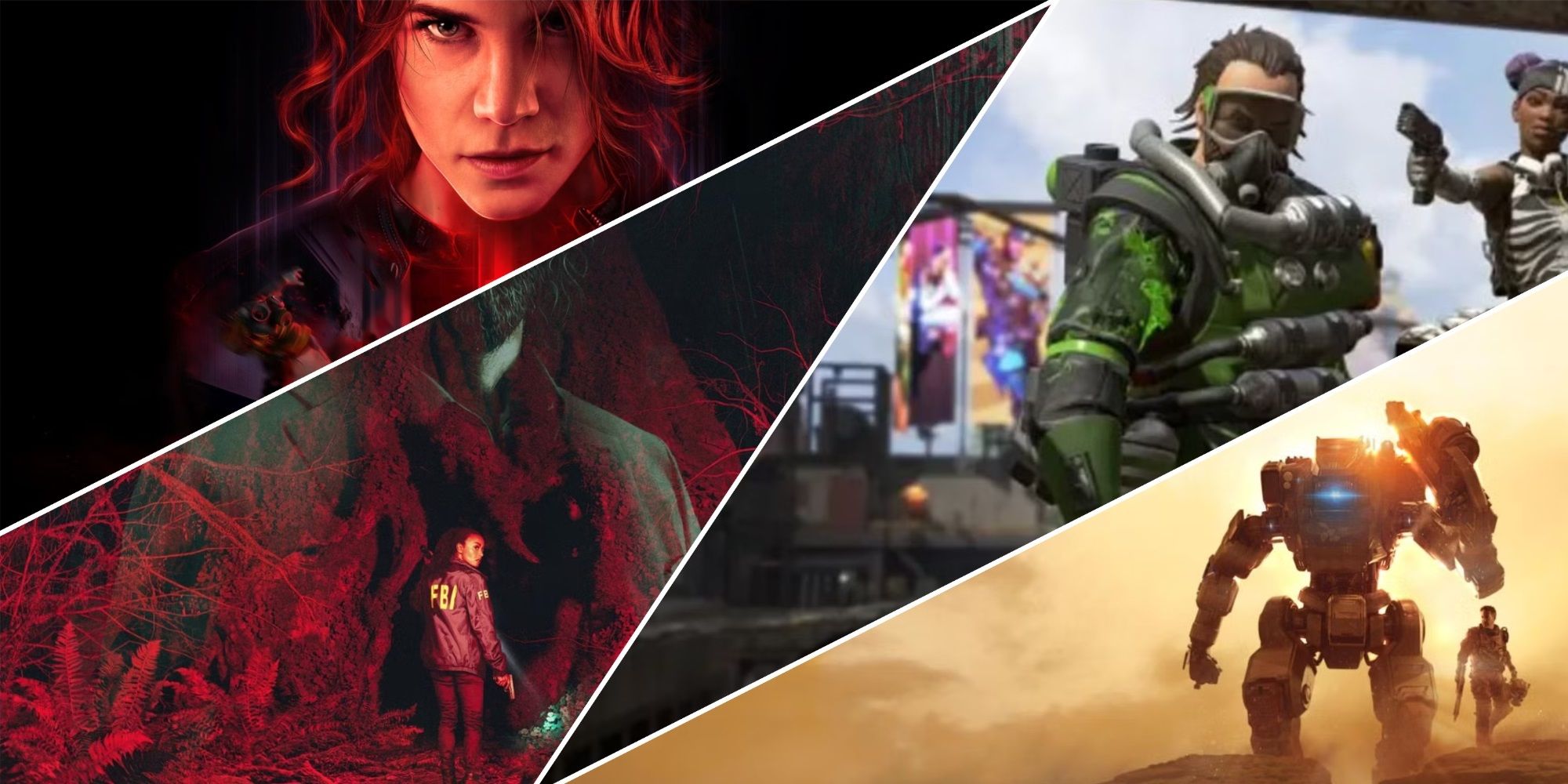 A collage of games with shared universes: Control and Alan Wake, and Apex Legends and Titanfall