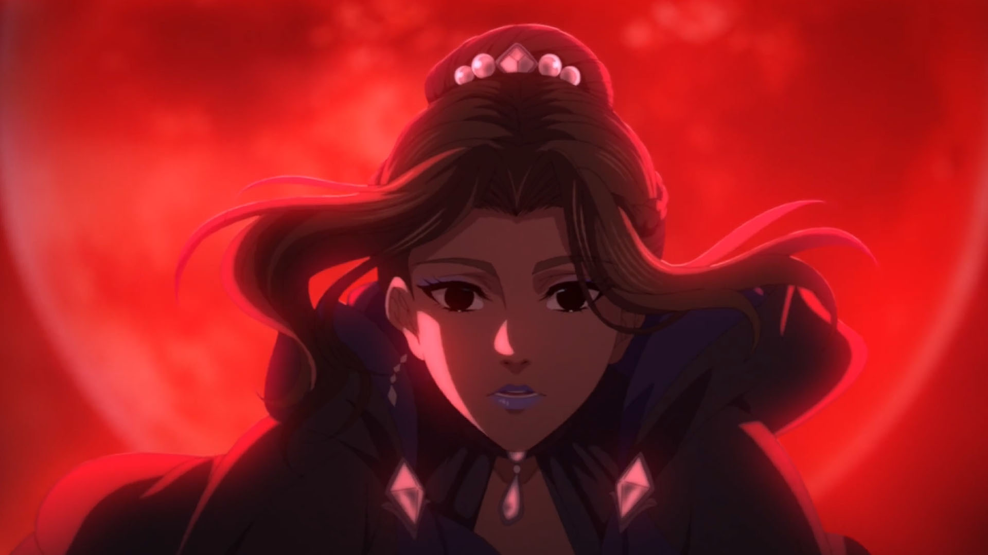 A scene from Lord of Mysteries showing a woman in front of the large red moon.