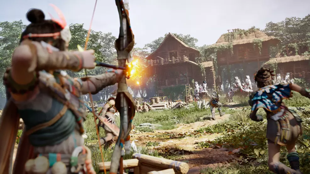 The protagonist of Light of Motiram firing an arrow from a bow.