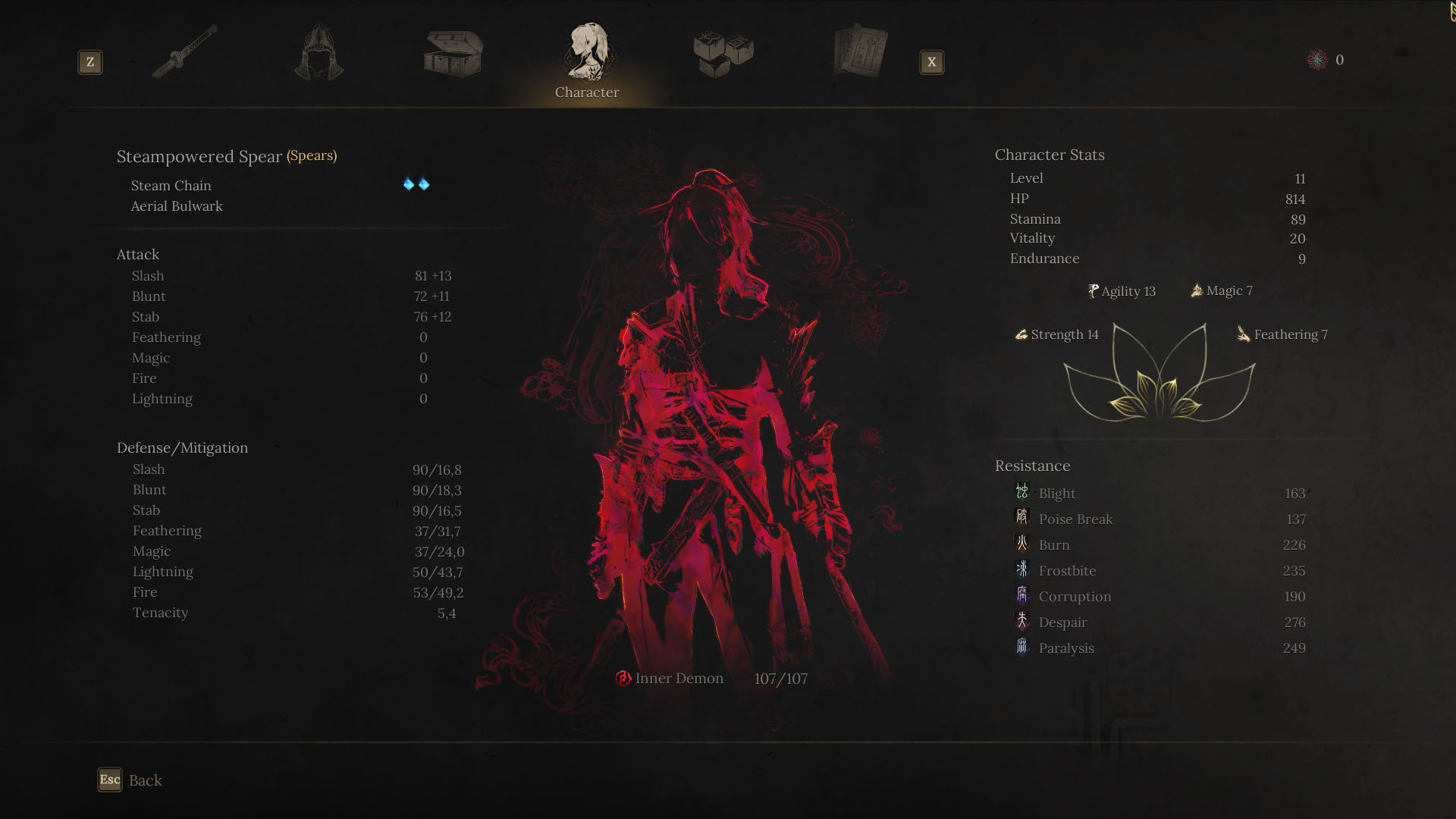 A Wuchang: Fallen Feathers screenshot showing the character menu. In it, you can see the silhouette  of Wuchang in red, representing the level of Madness she is. There are some stats described in other sections of the screen, like Attack, Defense, Resistance, and other stats.