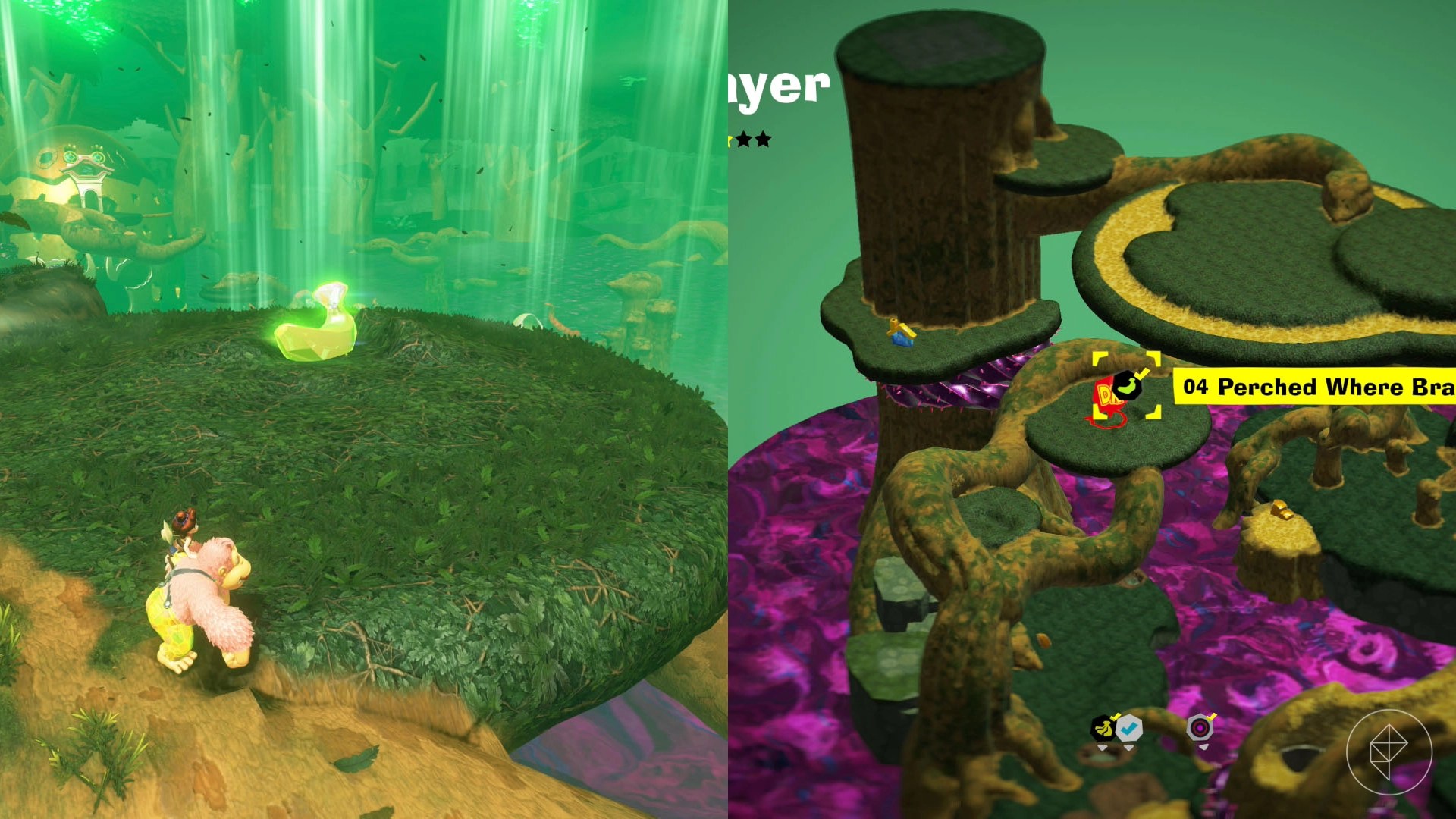 DK and Pauline stand next to a Banandium Gem open on a flat, mossy surface in Donkey Kong Bananza.