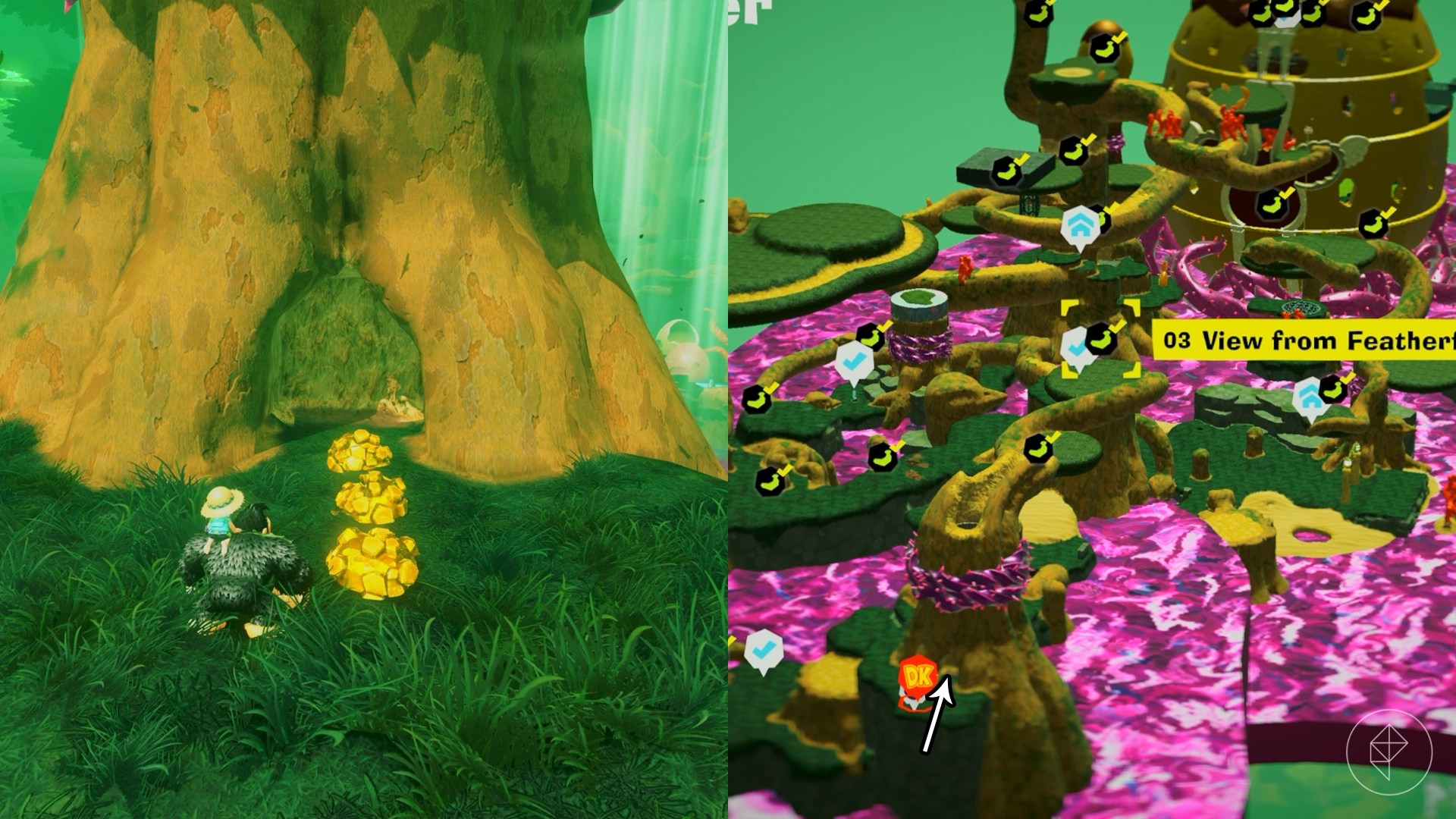 DK and Pauline face an opened tree where a path of gold rocks trails into it in Donkey Kong Bananza.