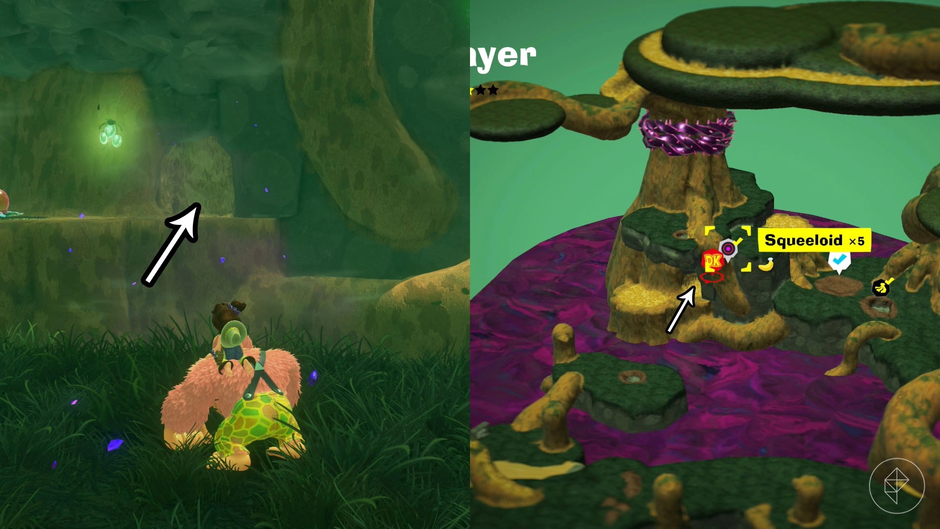 An arrow points to the entrance of a cavern where you’ll find a combat challenge in the Forest Layer in Donkey Kong Bananza.