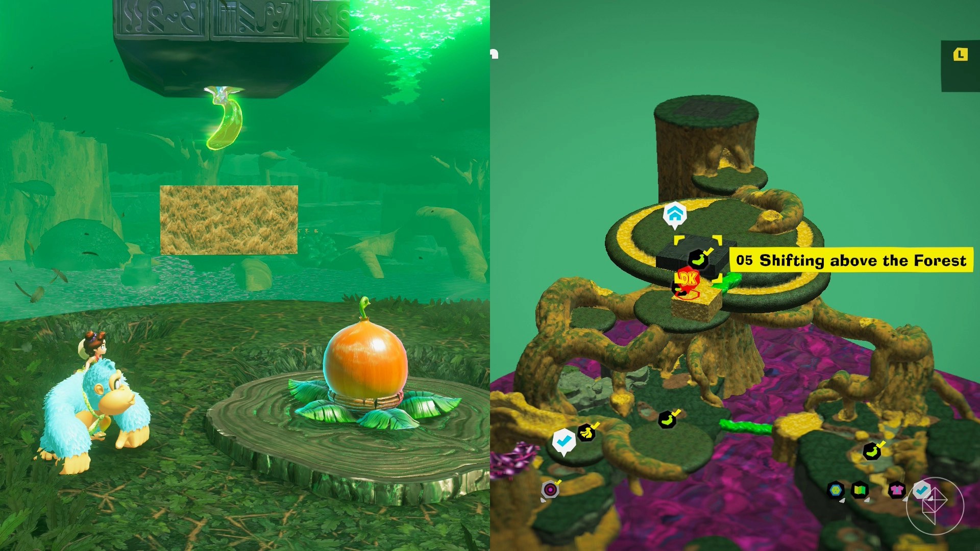 Blue Donkey Kong standing beside a seed and a floating platform that is holding a golden banana in Donkey Kong Bananza.