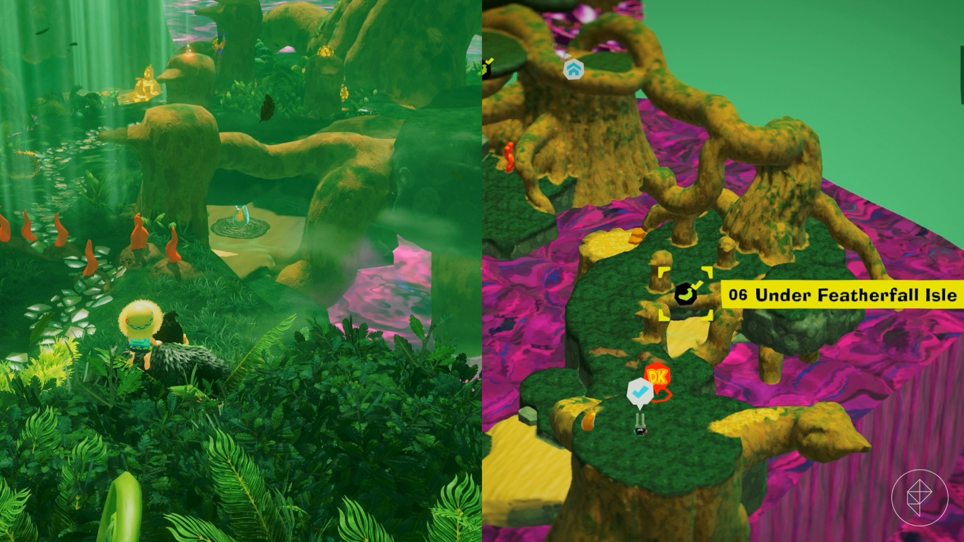 Donkey Kong looking at a golden banana under a ledge in Donkey Kong Bananza.