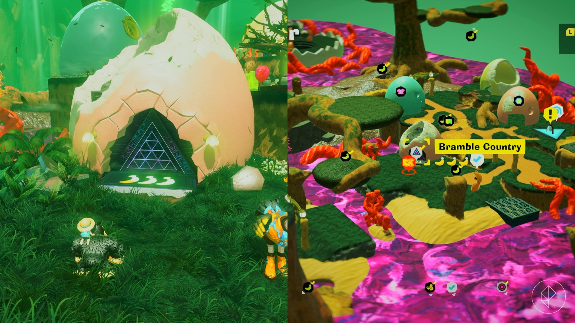 DK stands at the entrance for Bramble County, an Ancient Ruins inside of an egg-shaped building in Donkey Kong Bananza.
