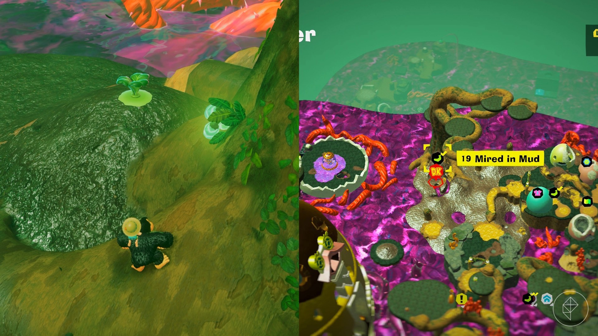Donkey Kong standing on a tree root beside a turnip in the mud in Donkey Kong Bananza.