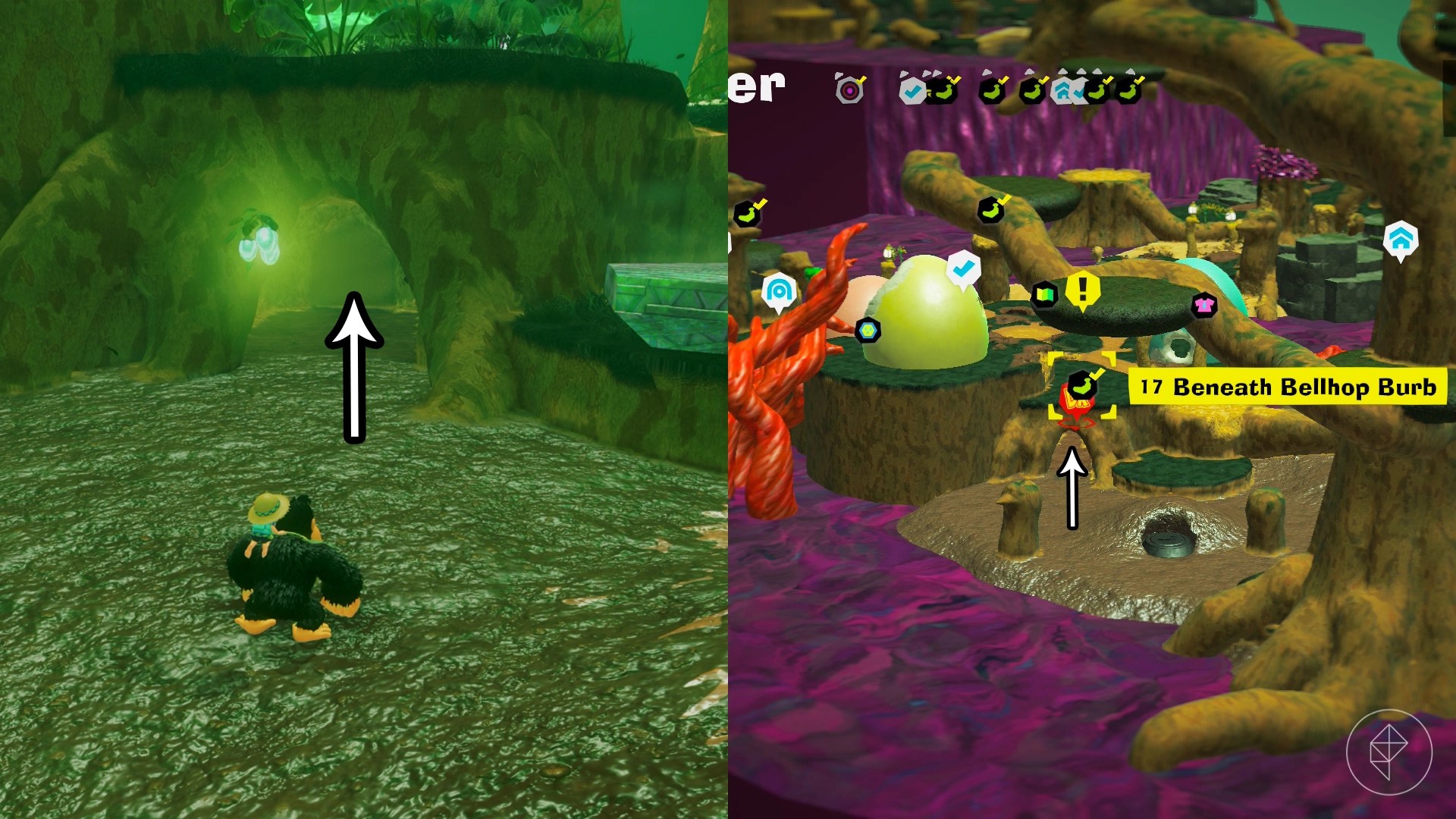Donkey Kong standing in a muddy area along with an arrow showing the entryway of a hidden area in Donkey Kong Bananza.