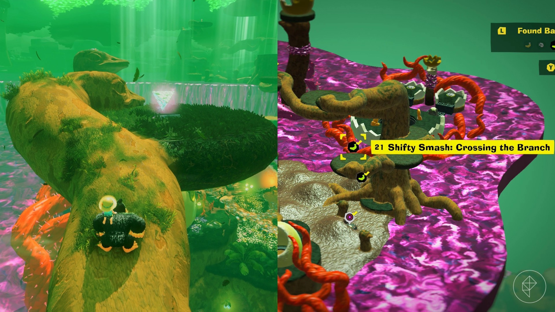 DK approaches a Shifty Smash glowing triangle up some branches of an ostrich tree in Donkey Kong Bananza.
