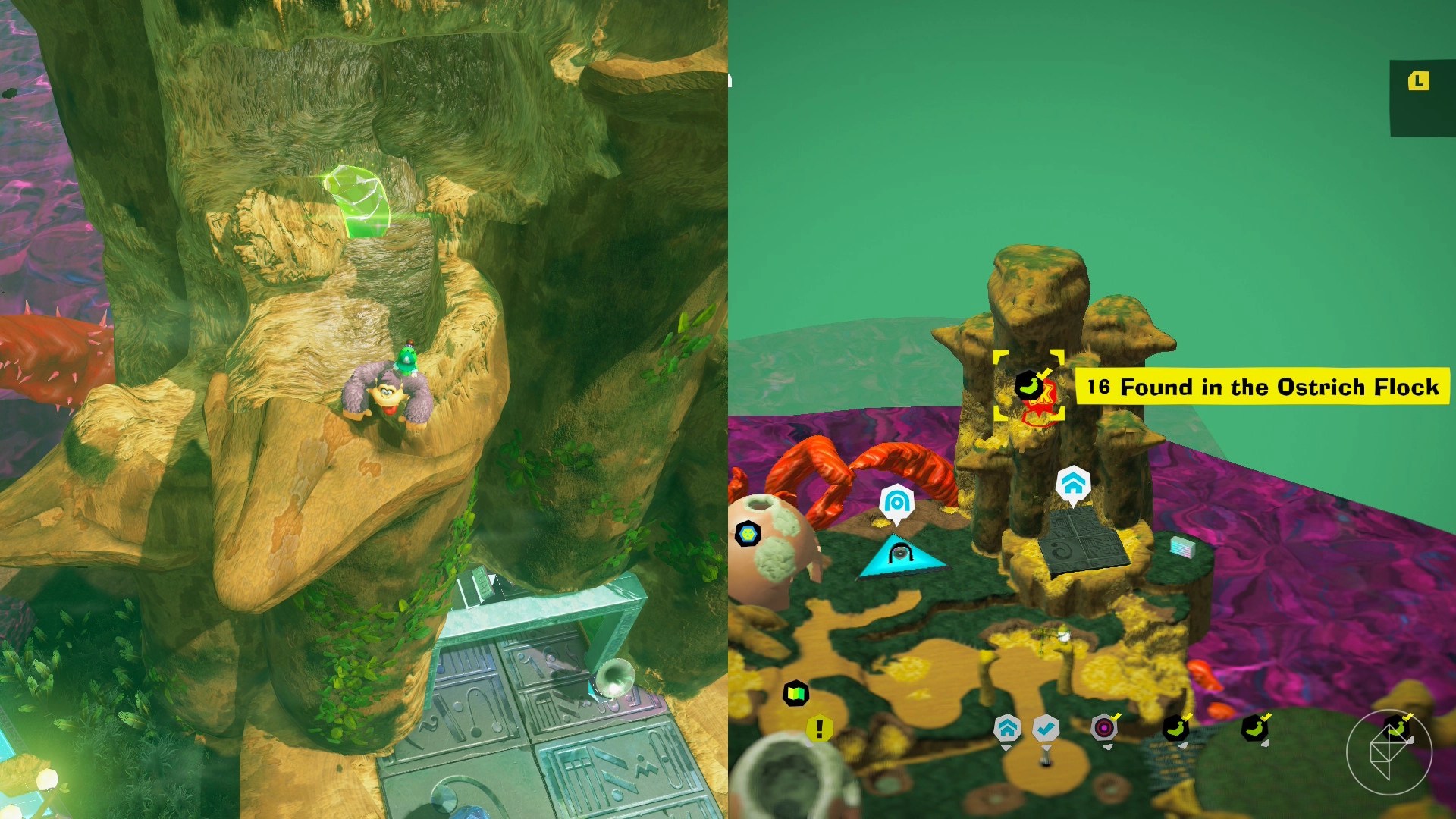 Donkey Kong standing on top of a half-demolished wooden ostrich’s head that happens to contain a golden banana in Donkey Kong Bananza.