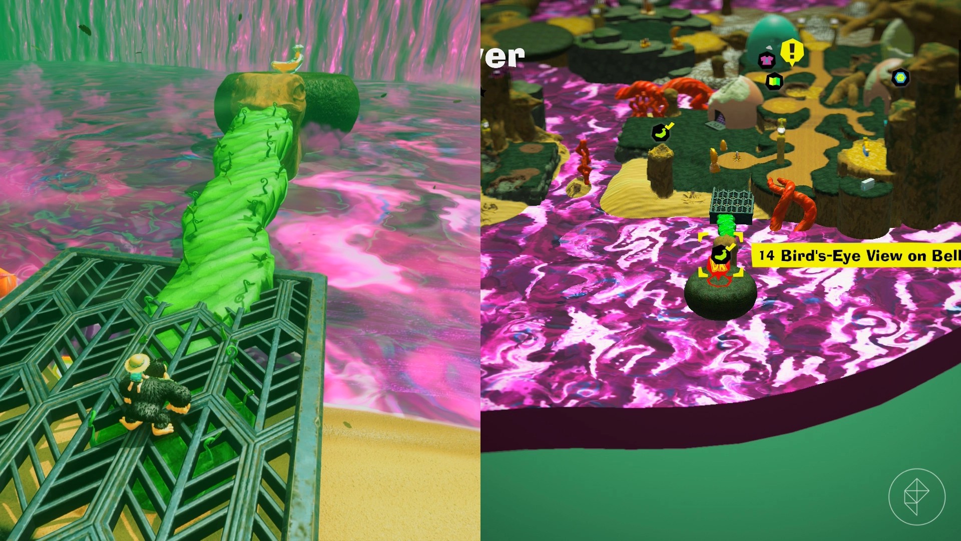 Donkey Kong standing in front of a vine bridge that connects to a wooden ostrich’s beak along with a golden banana that is sat on top of the ostrich’s head in Donkey Kong Bananza.