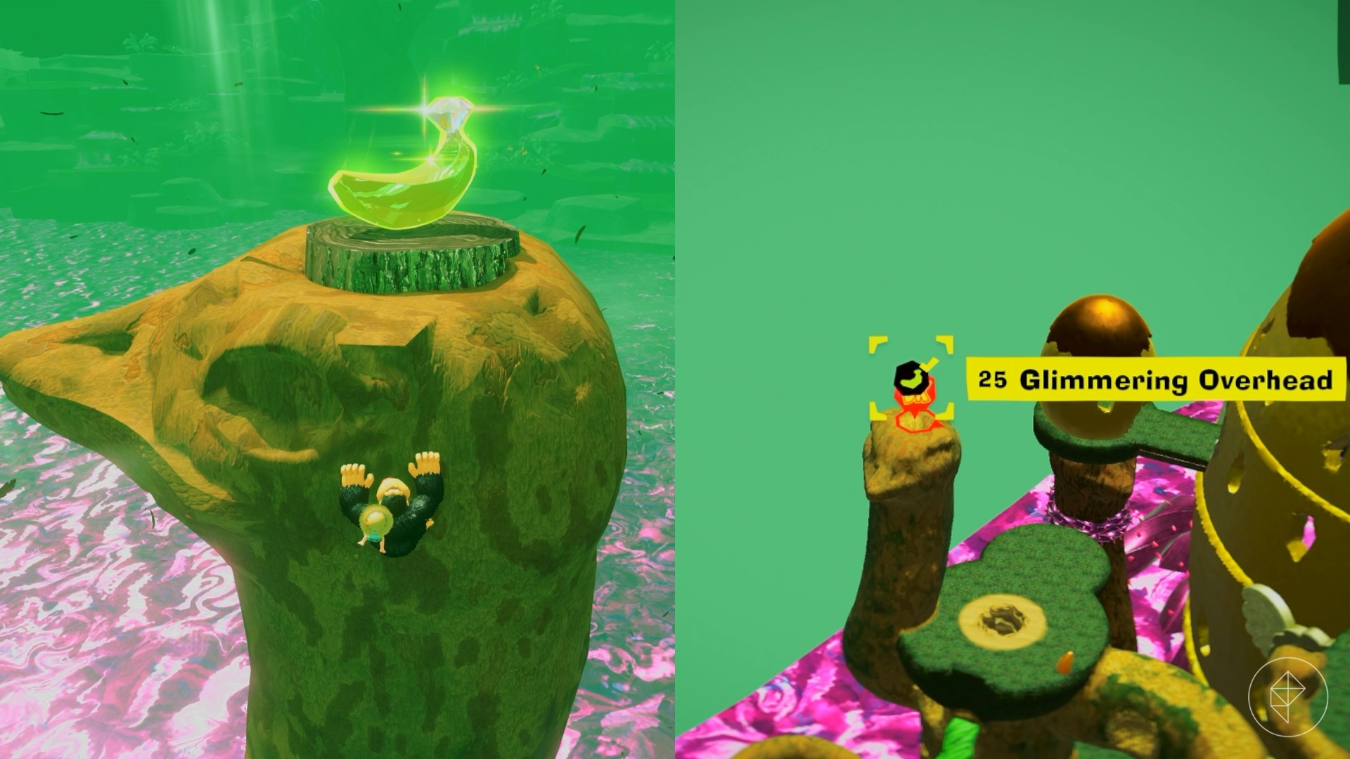 Donkey Kong climbing up a wooden ostrich’s neck towards a golden banana on its head in Donkey Kong Bananza.