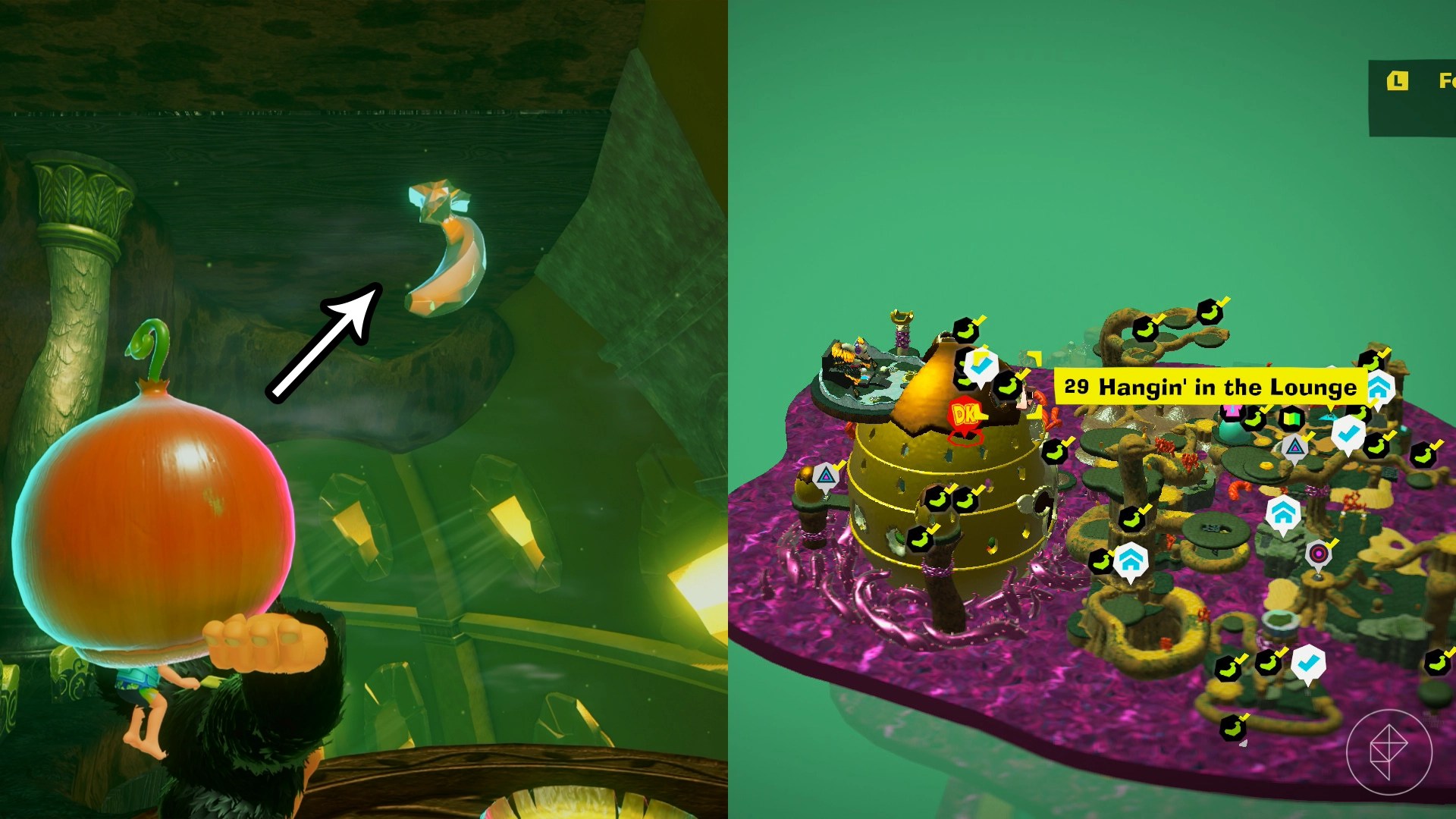 DK aims a pit seed at a Banandium Gem hanging from the ceiling of the hotel.