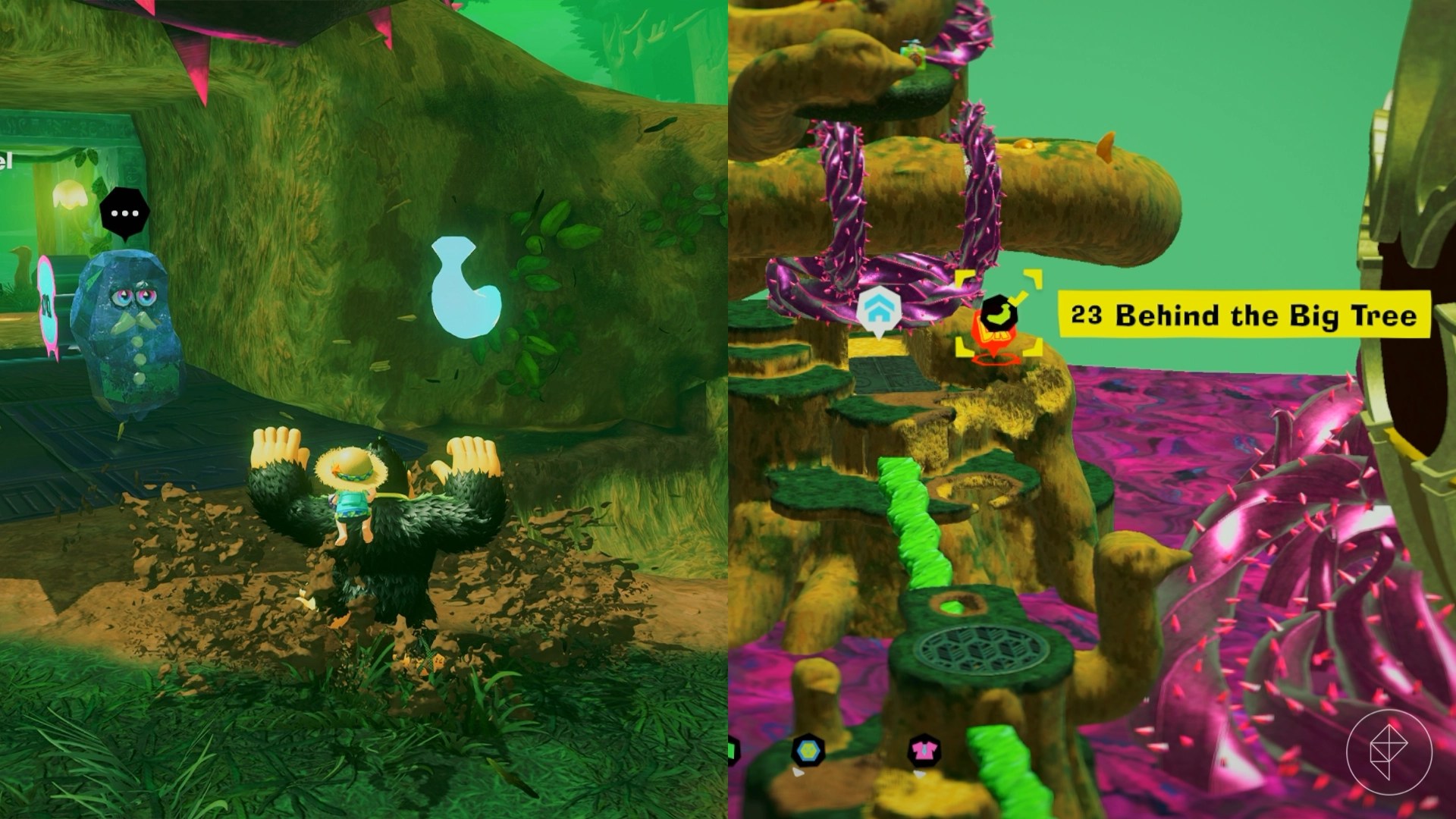 Donkey Kong standing beside a crystal fellow with a mustache along with the outline of a golden banana behind a wall in Donkey Kong Bananza.
