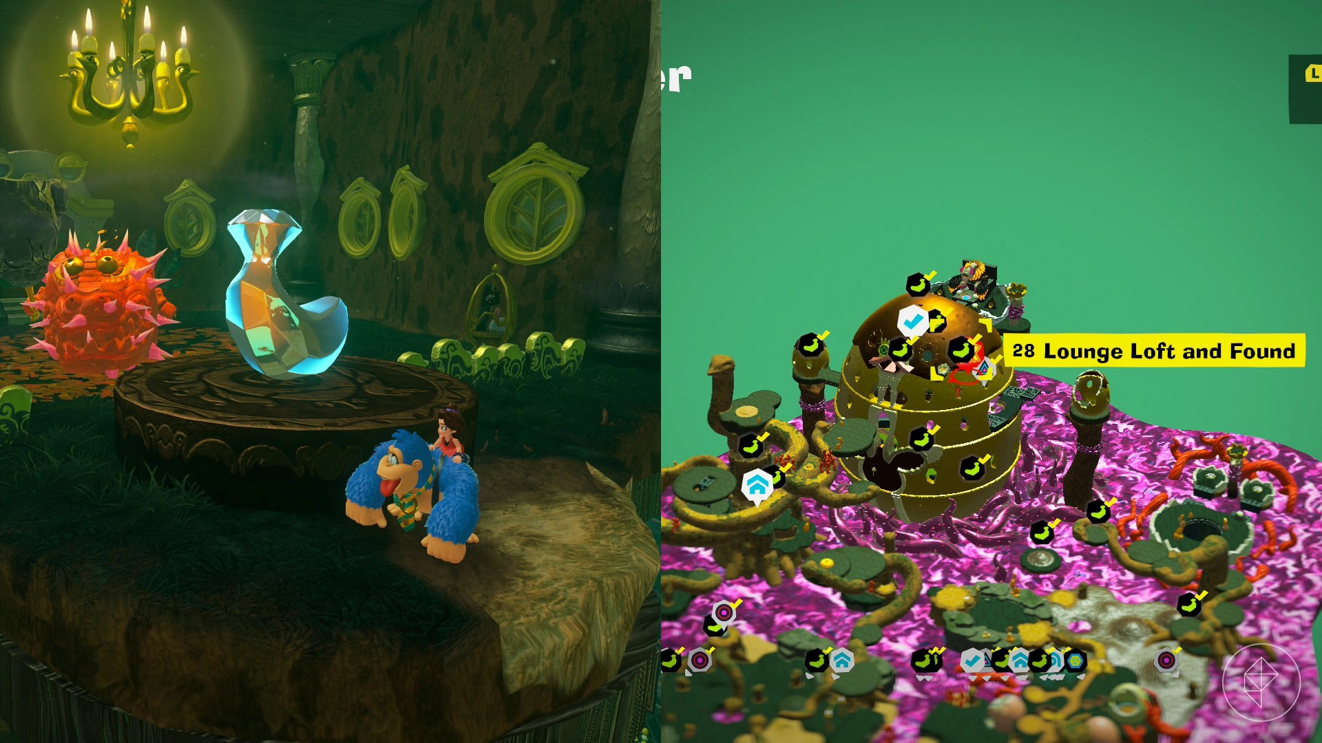DK drools next to a banana with a red crockoid behind it inside the Forest Layer hotel.