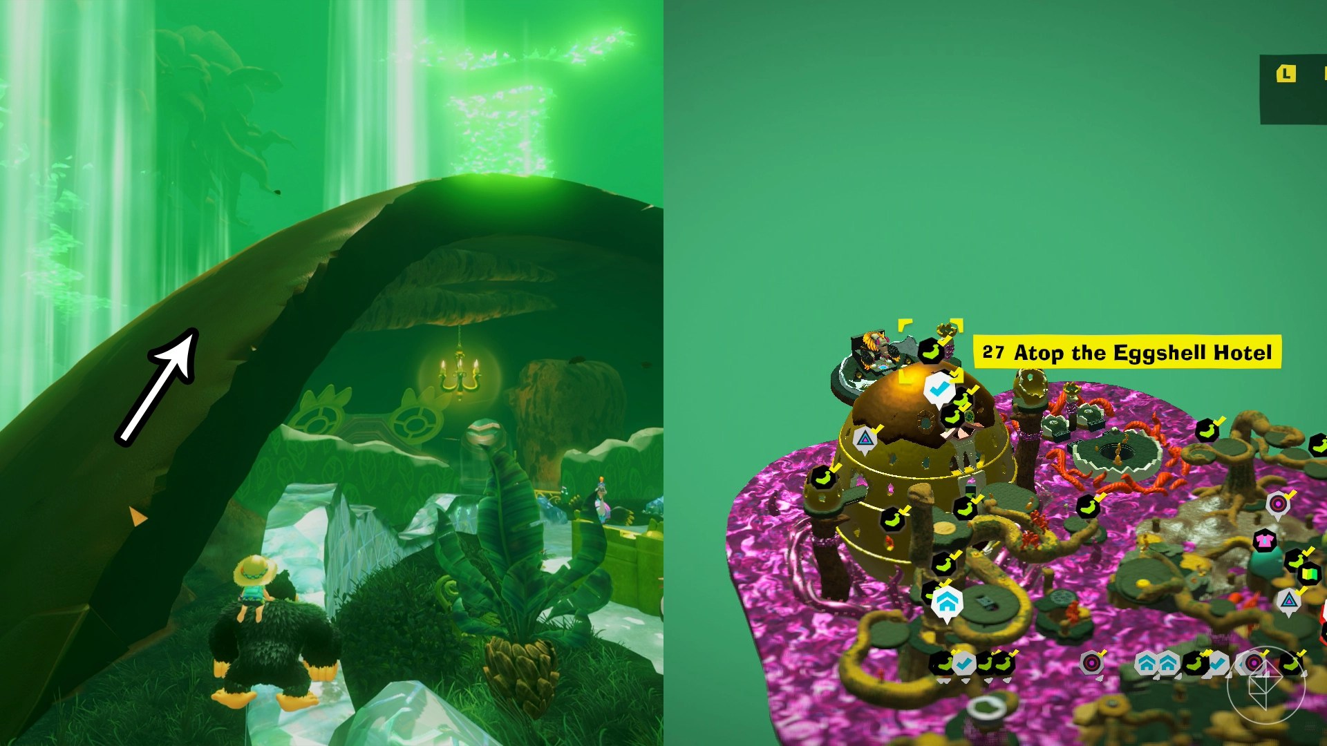 An arrow points up and around the roof of the Eggshell Hotel in Donkey Kong Bananza.