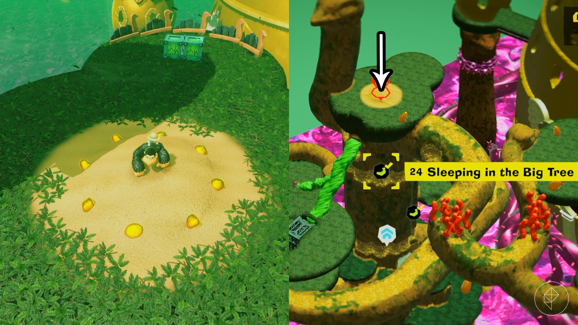 Donkey Kong standing on a pile of sand that has a rim of gold in Donkey Kong Bananza.