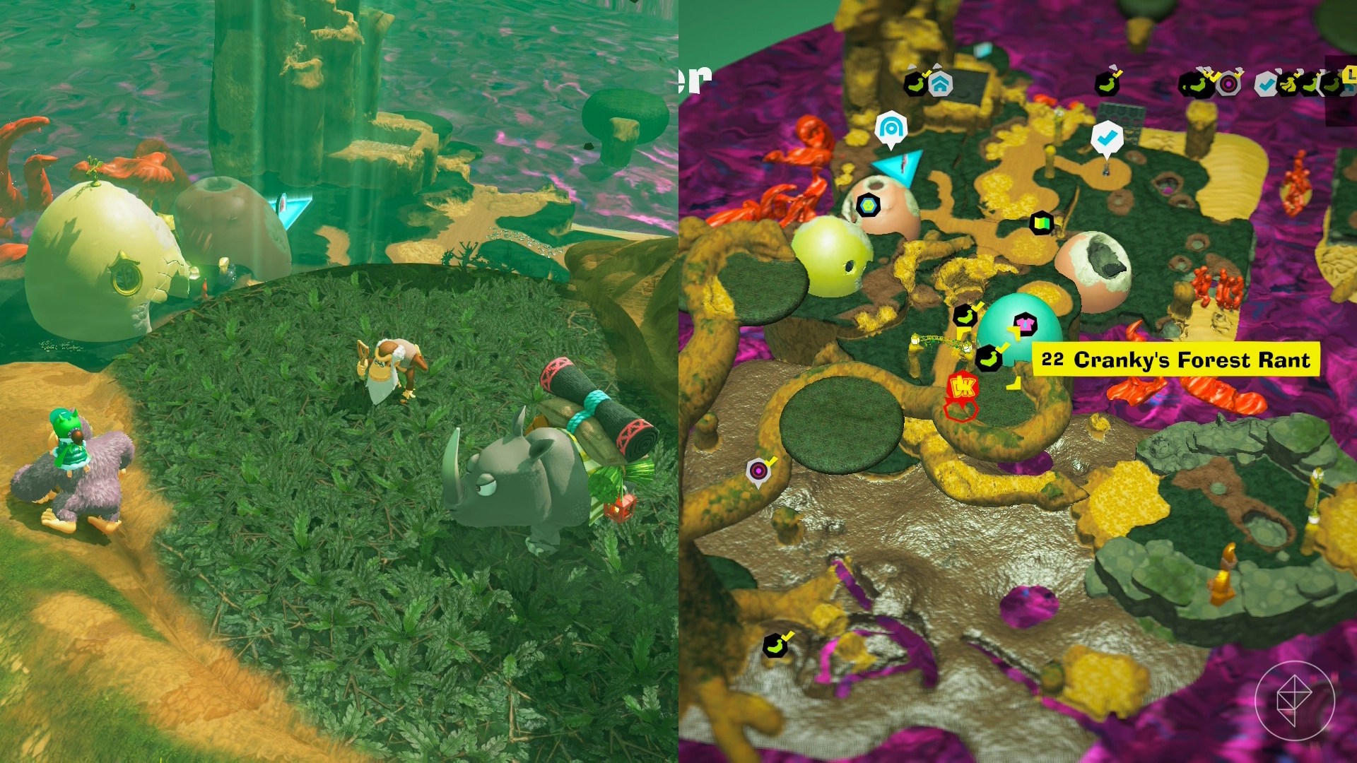 Donkey Kong standing on a platform with Cranky Kong and Rambi the rhino in Donkey Kong Bananza.