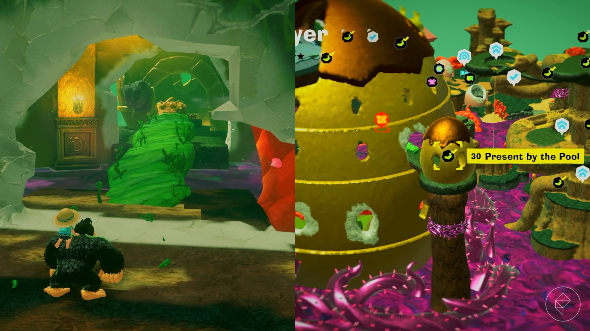 Donkey Kong standing in front of a vine bridge that is connected to a wooden crocodile in Donkey Kong Bananza.