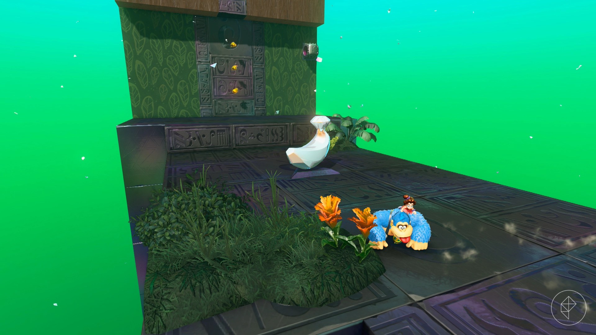 Donkey Kong and Pauline stand on an Ancient Ruins platform with a single Banandium Gem waiting along some leaf-patterned walls.