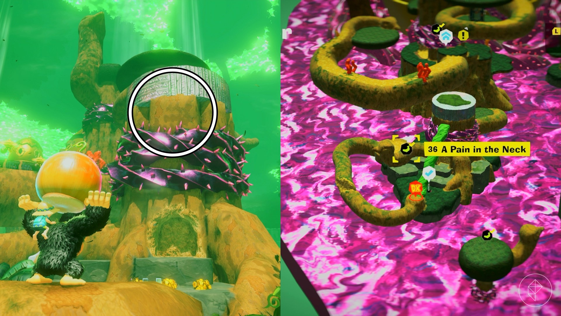 Donkey Kong holding a seed getting ready to throw it at a circled wooden panel in Donkey Kong Bananza.