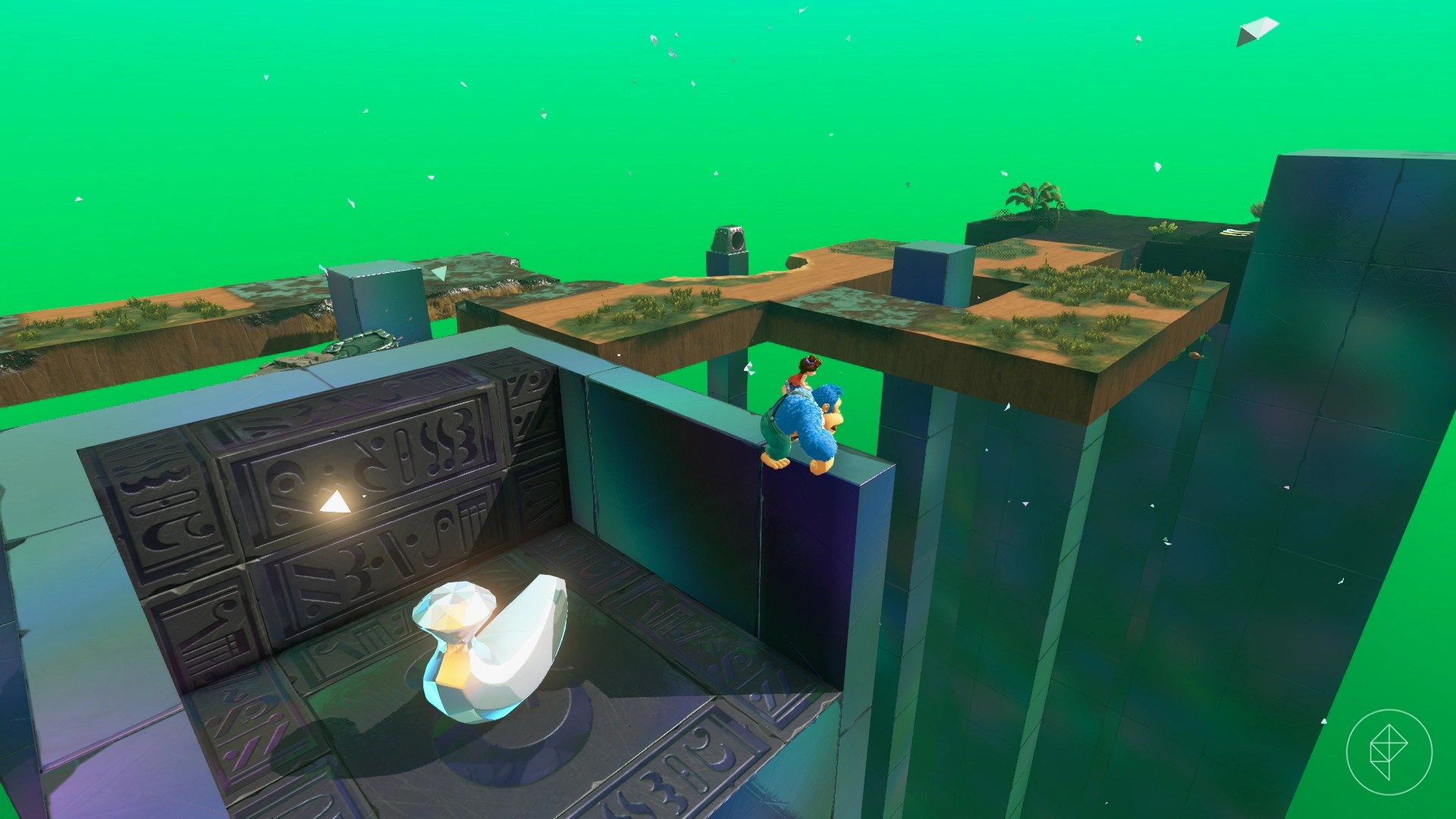 DK and Pauline stand on the edge of a wall in Donkey Kong Bananza, showing a Banadium Gem encased by the walls.