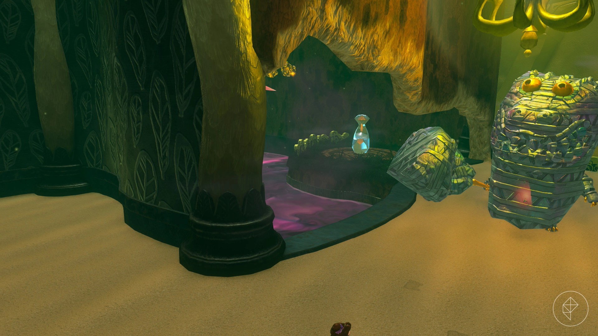 A concrete crockoid stands ominously next to a Banandium Gem.
