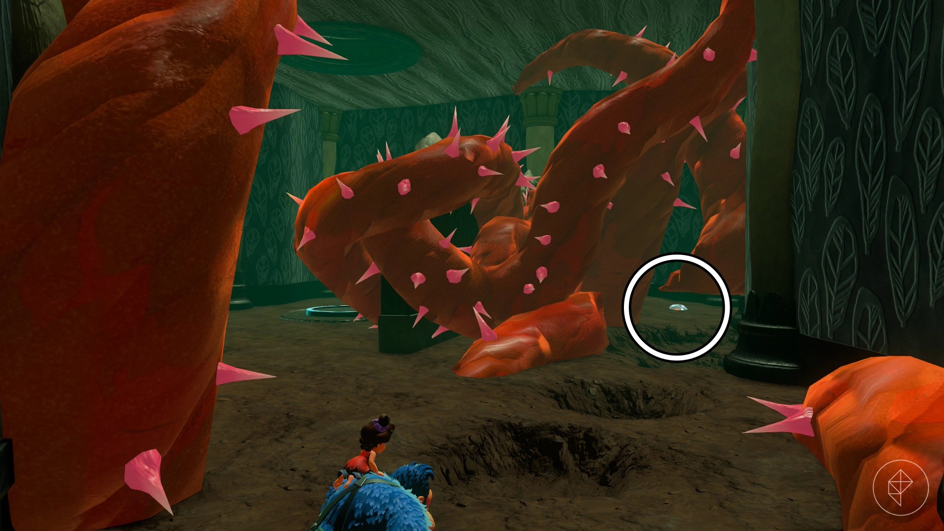 Red vines cover a map where you can see the very tiny tip of a Banandium Gem, circled for clarity, in Donkey Kong Bananza.