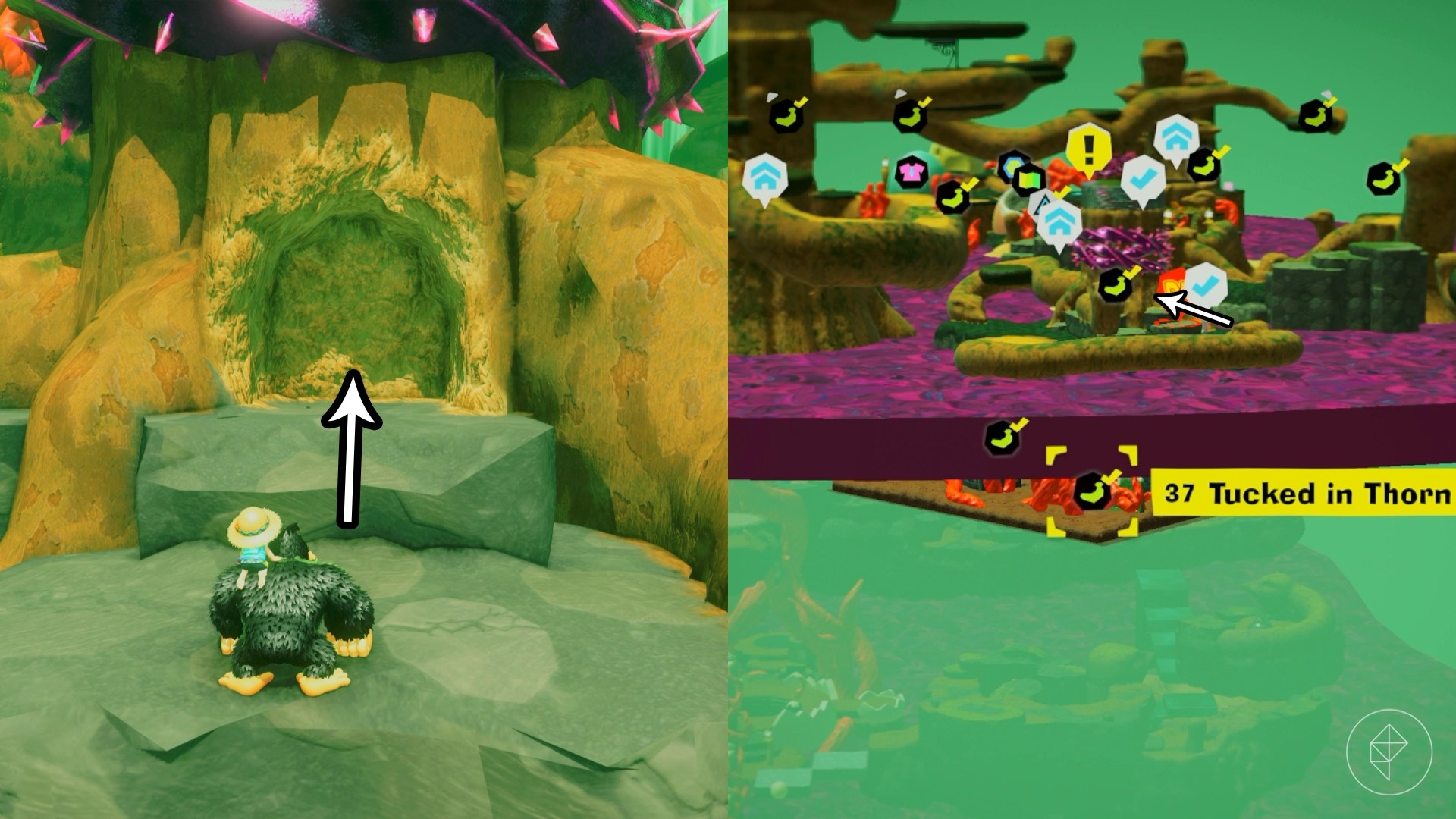 An arrow points to suspicious dent in the side of a tree, ripe for smashing open in Donkey Kong Bananza