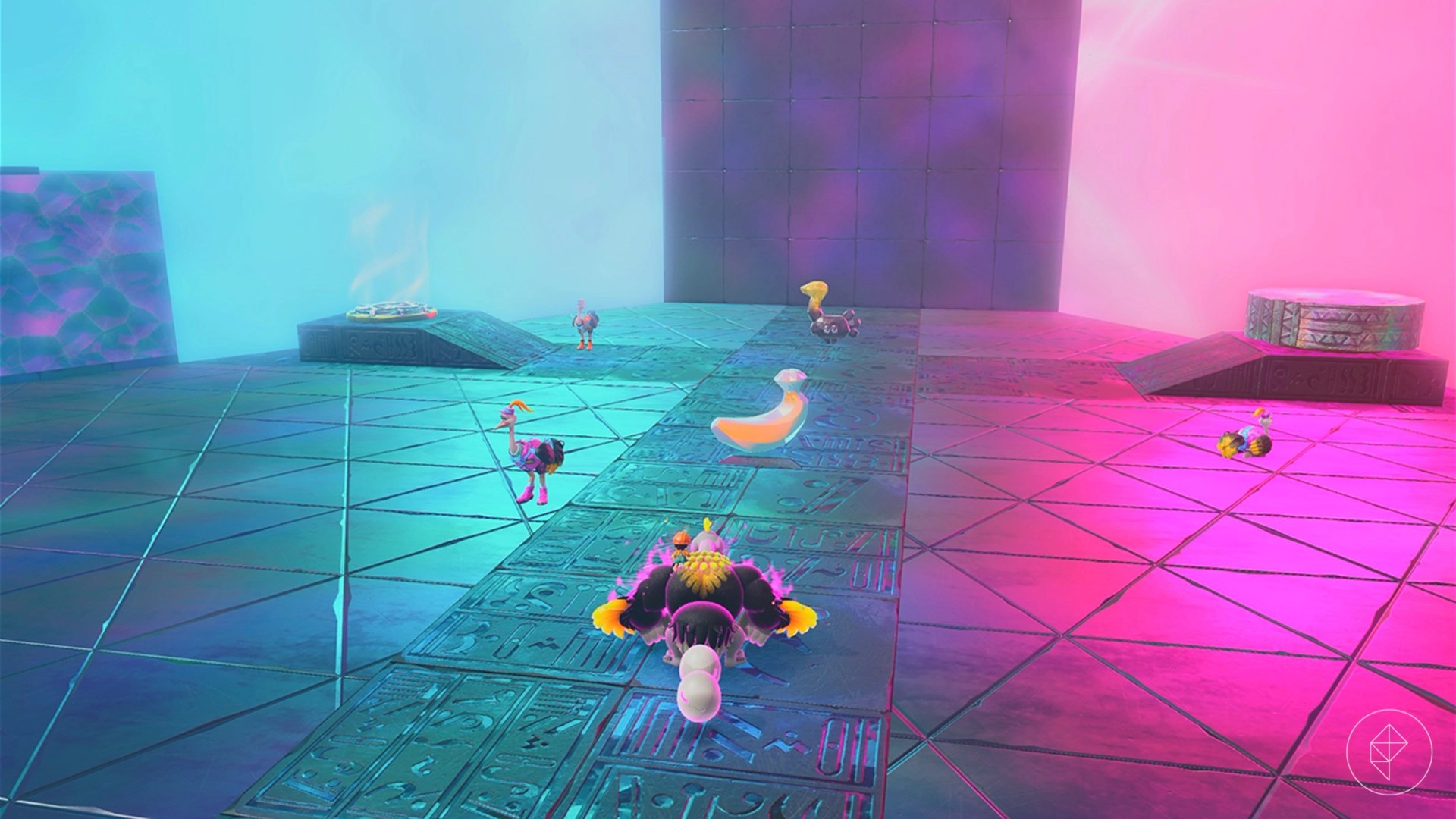 DK as an ostrich standing in front of a golden banana on a metal platform.