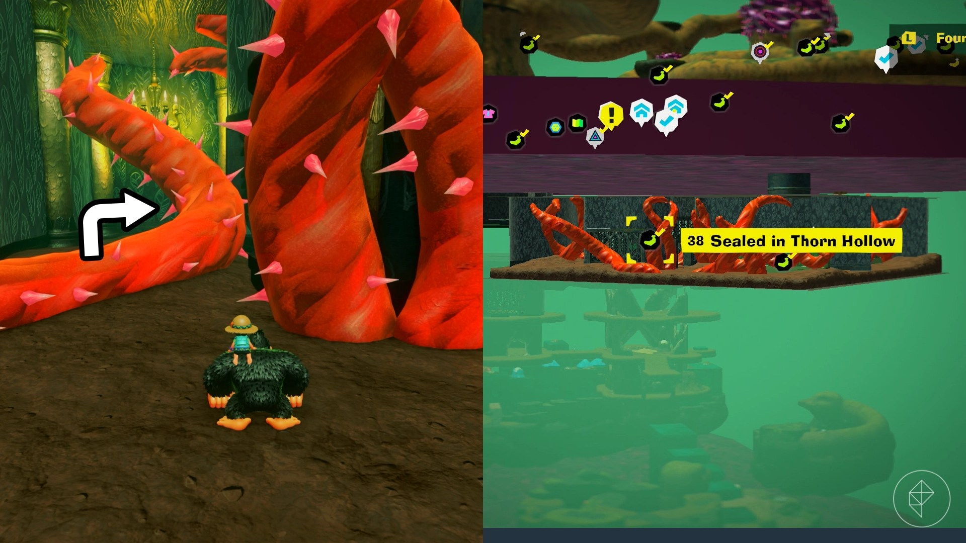 An arrow points around the corner of some red vines in Donkey Kong Bananza.