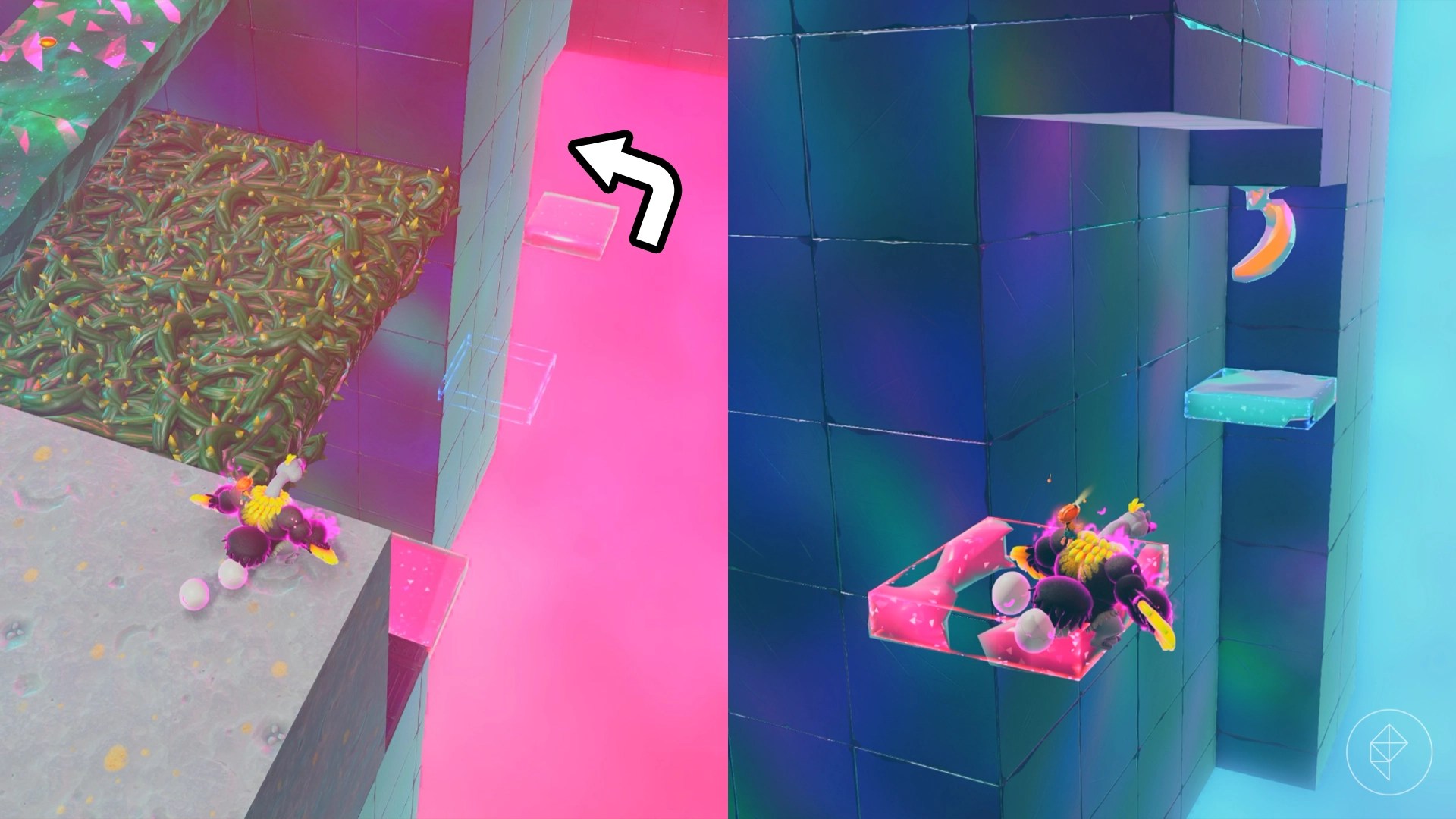 Donkey Kong an as ostrich standing above pink and blue goo platforms that lead to a hanging golden banana.