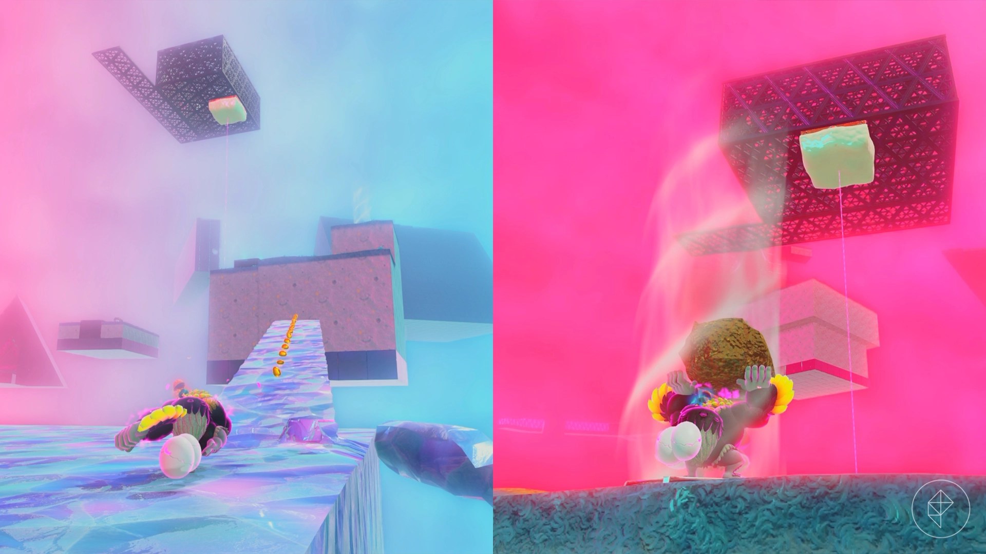 Ostrich Kong standing in front of an ice bridge that leads to a platform with an air stream and another floating platform.