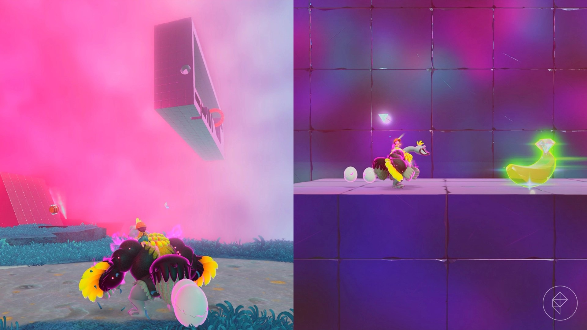 DK as an ostrich standing in front of a cannon and floating obstacle course alongside an image of DK in front of a golden banana.