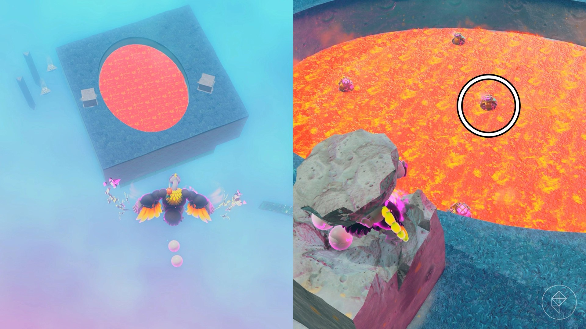 Ostrich Kong flying over a pool of lava alongside an image of them holding a rock aiming at a circled bomb.