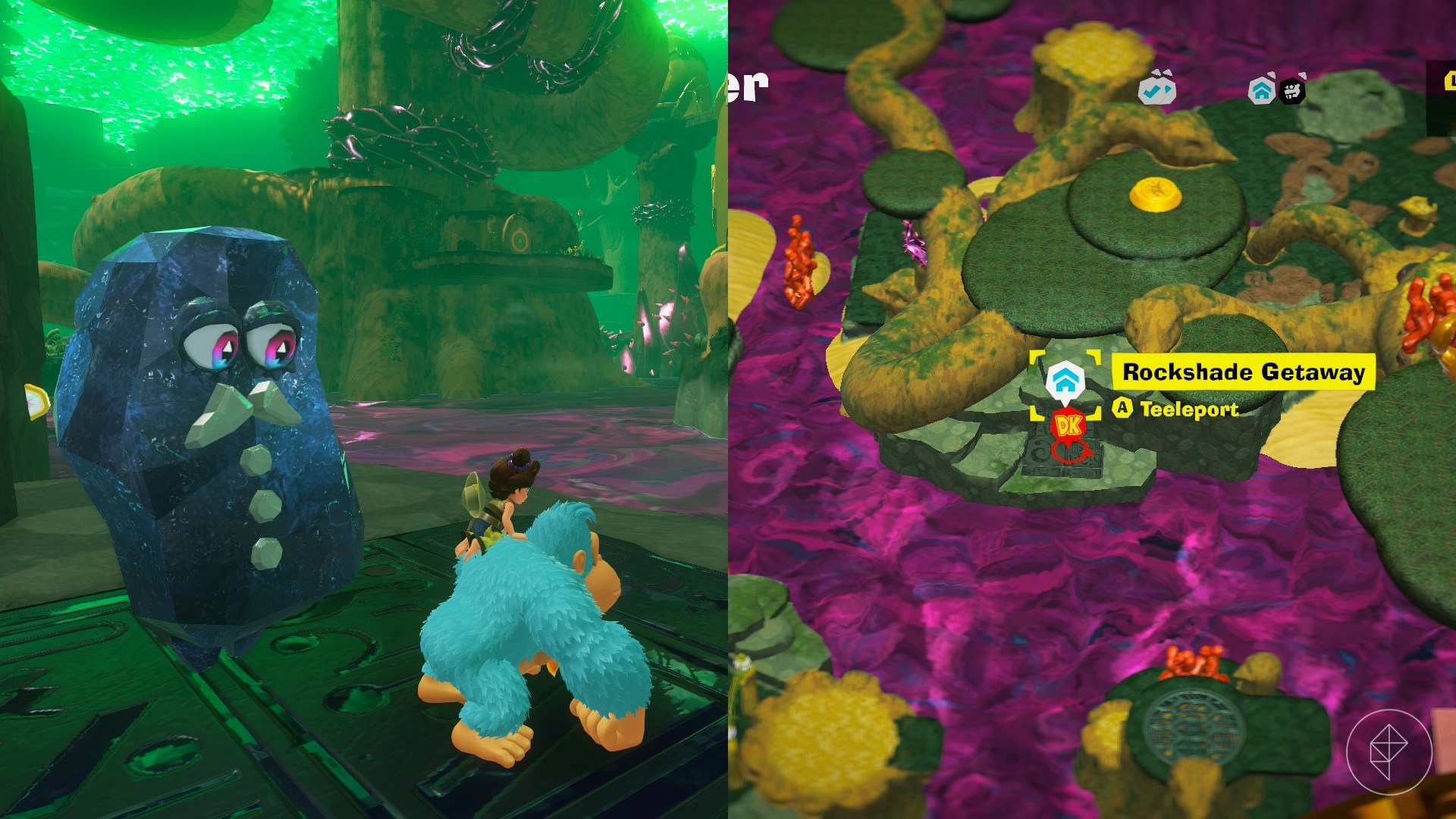 DK stands next to a concierge Fractone at the Rockshade Getaway in Donkey Kong Bananza.
