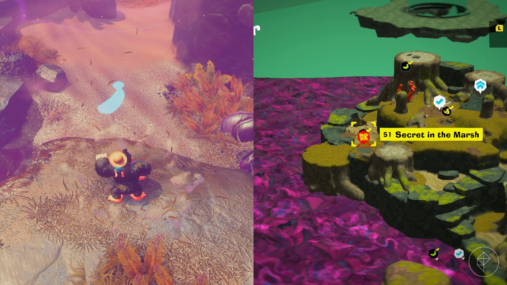 DK slaps the ground to see the silhouette of a Banandium Gem underground.