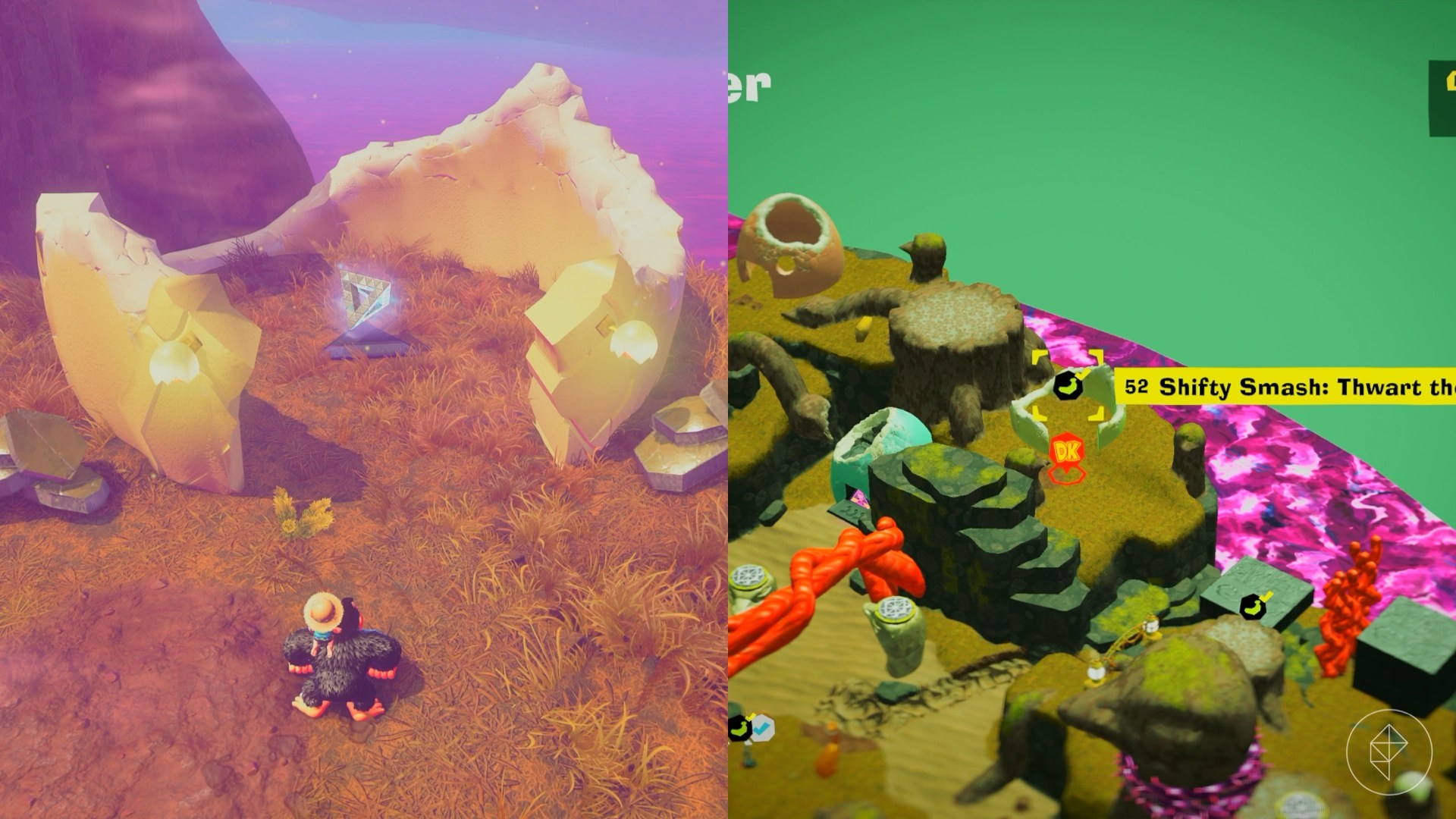 Donkey Kong looking at a glowing pyramid inside a broken egg house in Donkey Kong Bananza.