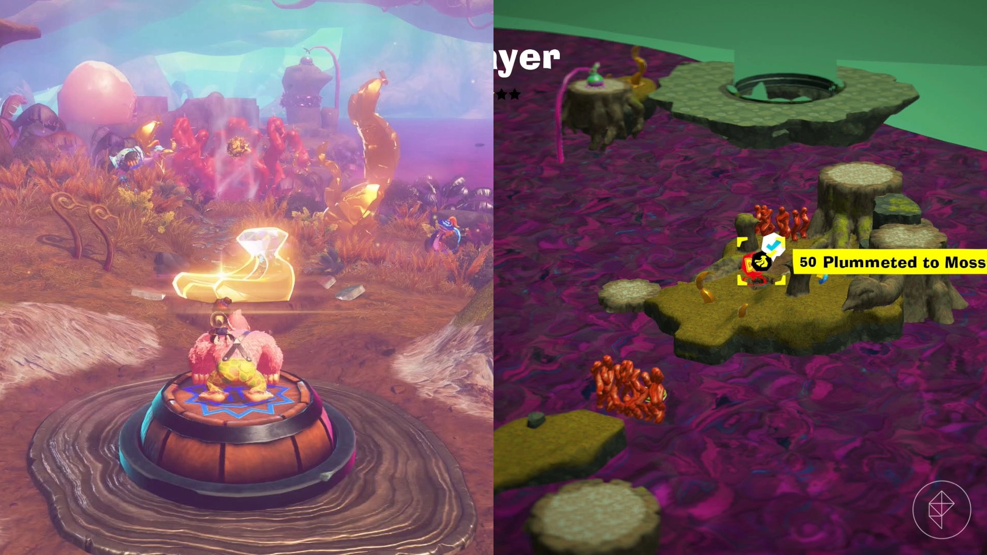 DK and Pauline stand on a barrel facing a bunch of golden bananas in Donkey Kong Bananza.