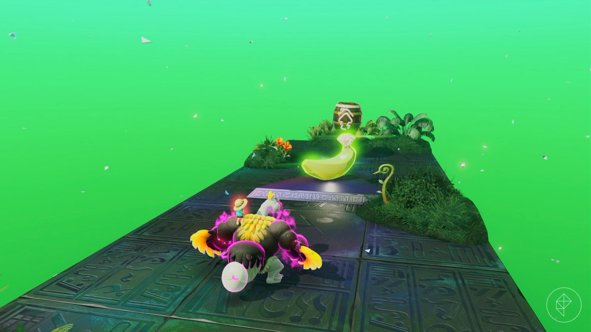 Donkey Kong in their ostrich form standing in front of a golden banana in Donkey Kong Bananza.