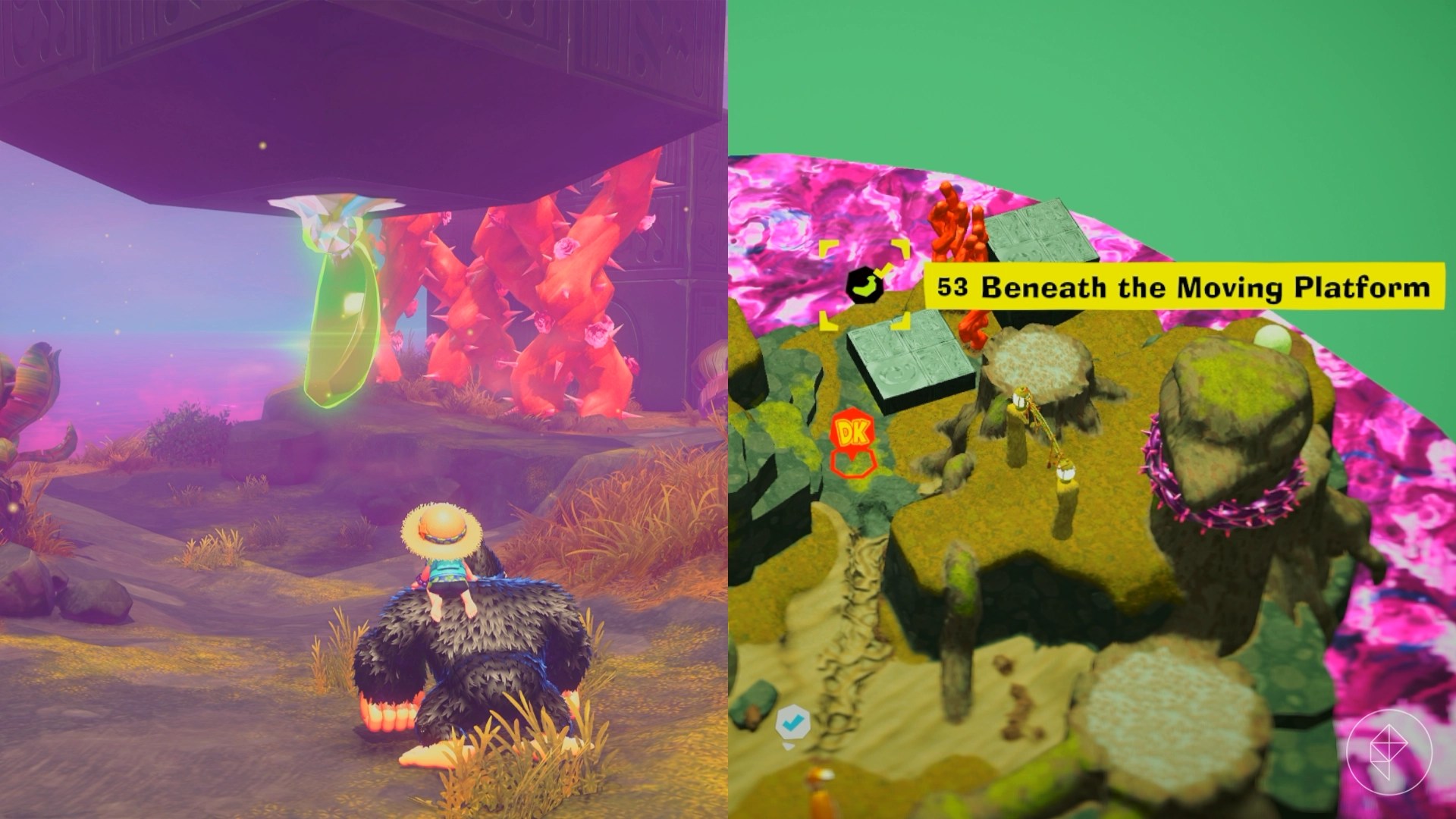 Donkey Kong looking at a golden banana that is attached to the bottom of a moving platform in Donkey Kong Bananza.