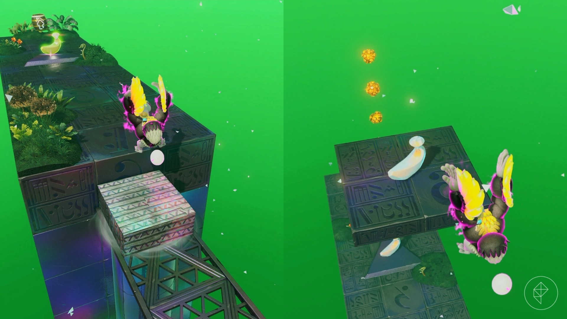 Donkey Kong in their ostrich form getting ready to drop an egg bomb onto a concrete block alongside another image of the ostrich flying towards a golden banana in Donkey Kong Bananza.